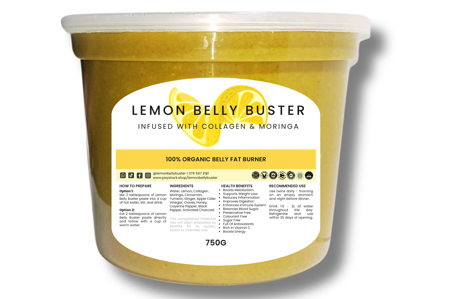 Lemon Belly Buster 500G - Natural Fat Burner - Infused with Collagen and Moringa
